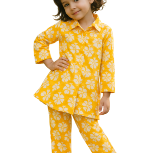 Girls Yellow Floral Co-Ord Set | Kids Cotton Top & Pant Set