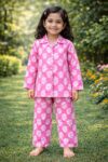 Girls Pink Printed Cotton Night Suit Set | Kids Full Sleeve Top & Pant Set